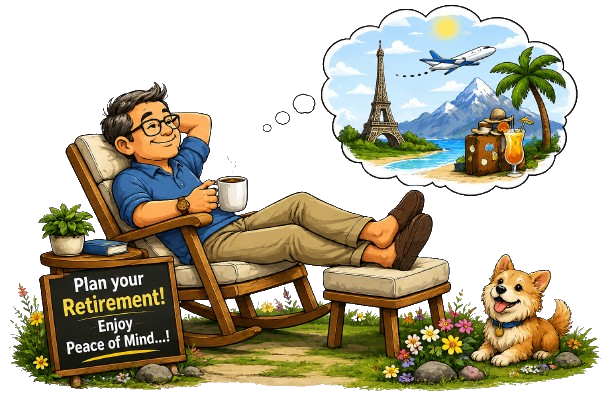Relaxed person planning retirement with travel dreams, a loyal dog, and a sign that reads Plan your Retirement